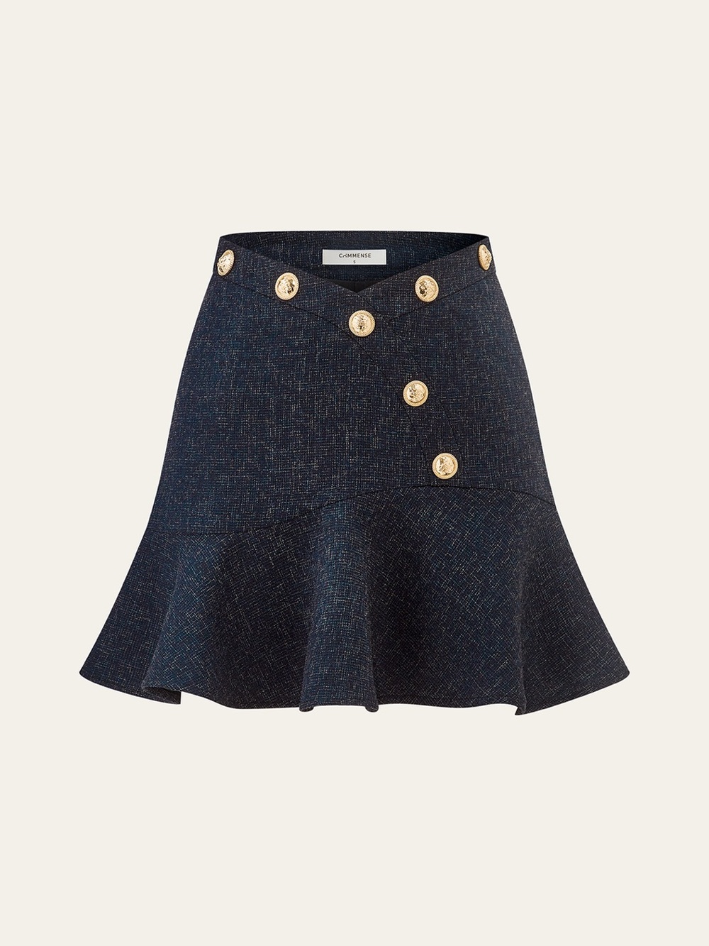 Navy Tweed A-Line Flared Mini Skirt with Gold Buttons